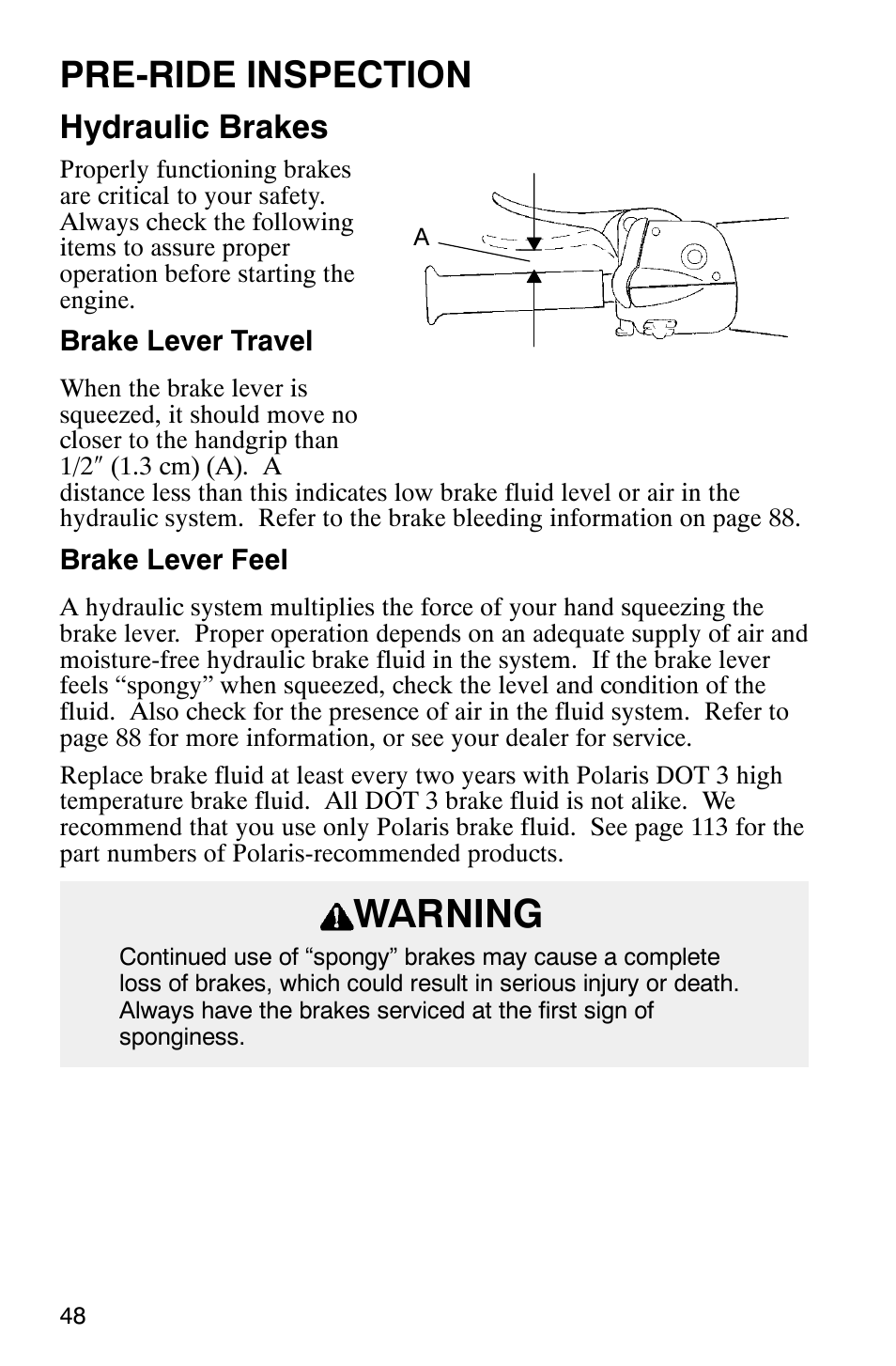 Warning, Pre-ride inspection, Hydraulic brakes | Polaris Frontier User Manual | Page 50 / 130