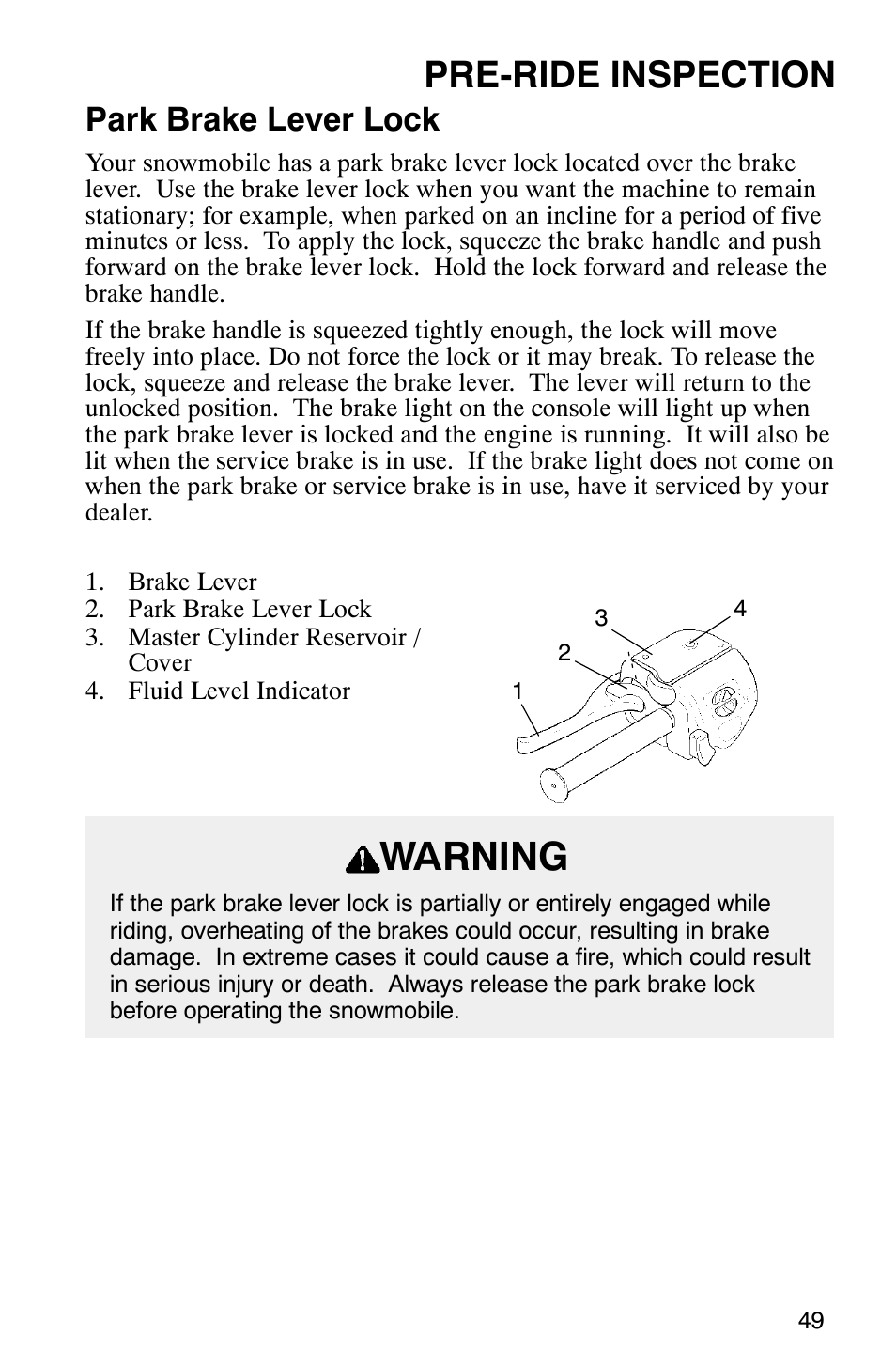 Warning, Pre-ride inspection, Park brake lever lock | Polaris Frontier User Manual | Page 51 / 130