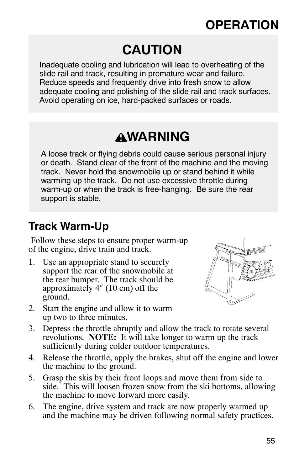 Caution, Warning, Operation | Track warm-up | Polaris Frontier User Manual | Page 57 / 130