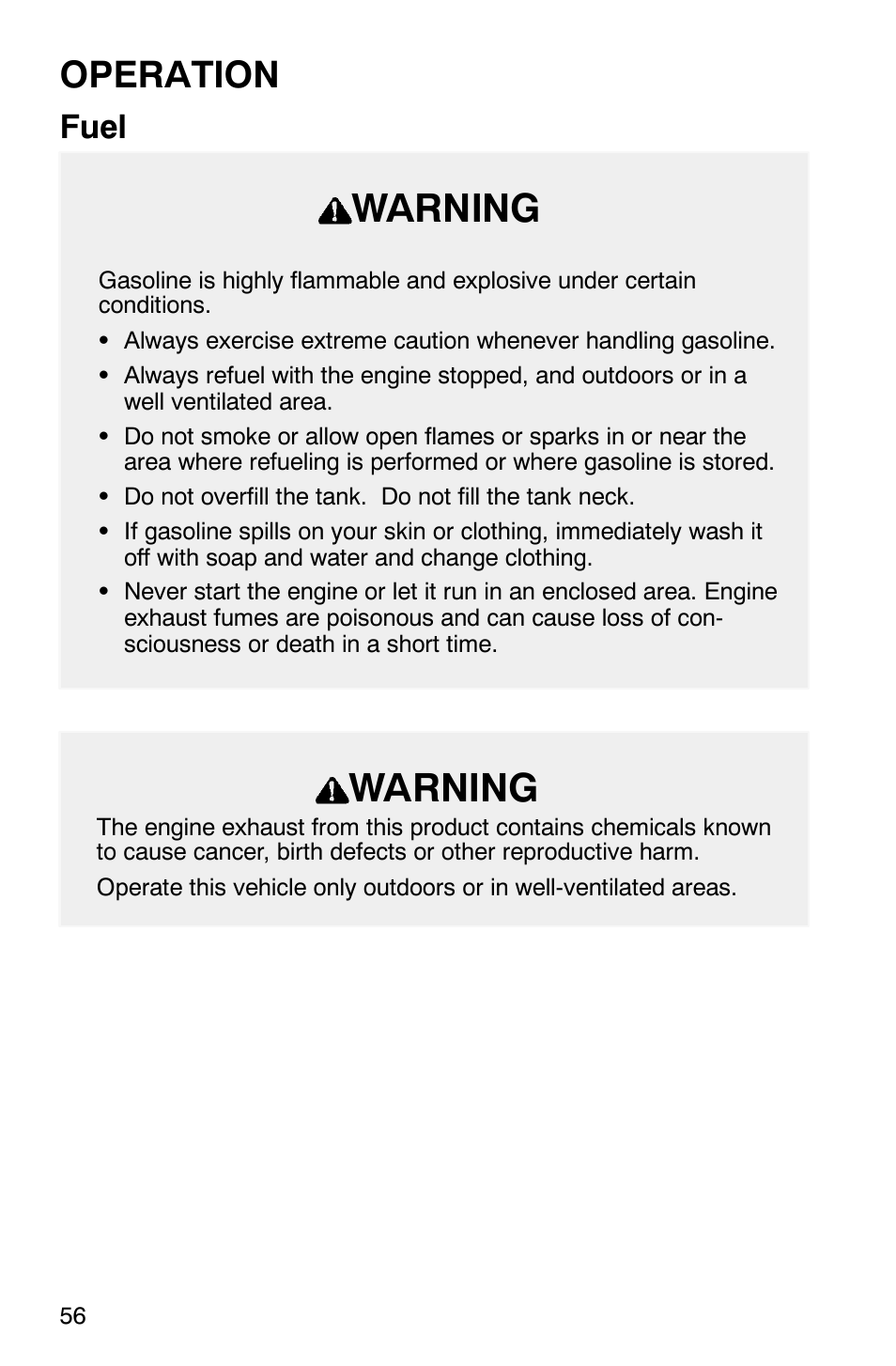 Warning, Operation, Fuel | Polaris Frontier User Manual | Page 58 / 130