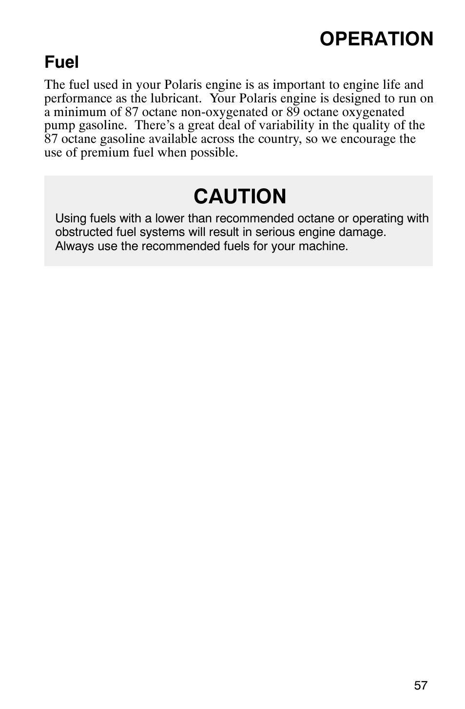 Caution, Operation, Fuel | Polaris Frontier User Manual | Page 59 / 130