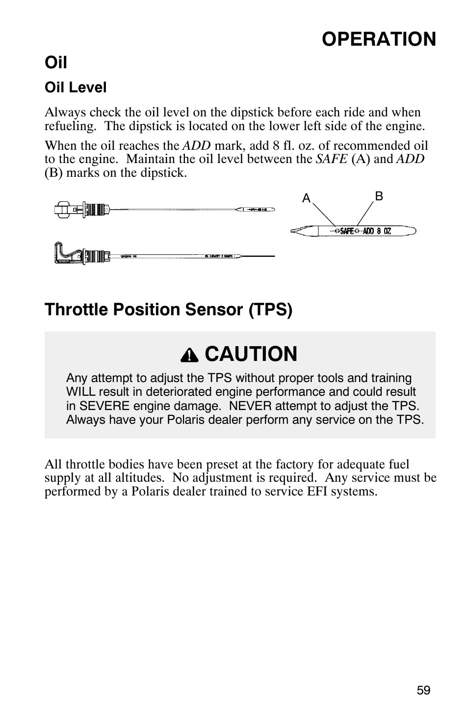 Caution, Operation, Throttle position sensor (tps) | Polaris Frontier User Manual | Page 61 / 130