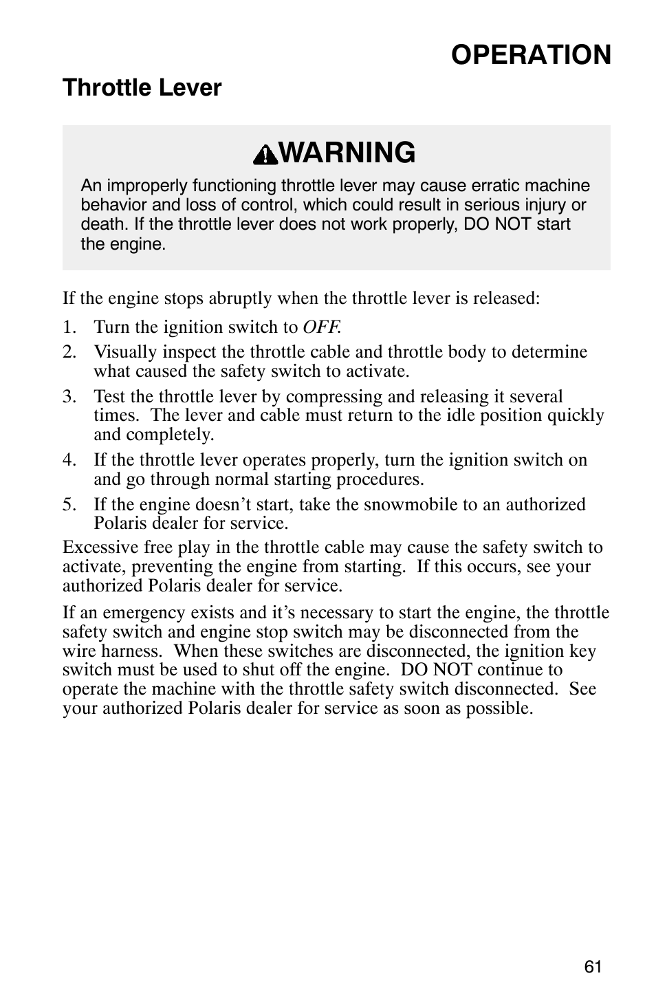 Warning, Operation, Throttle lever | Polaris Frontier User Manual | Page 63 / 130
