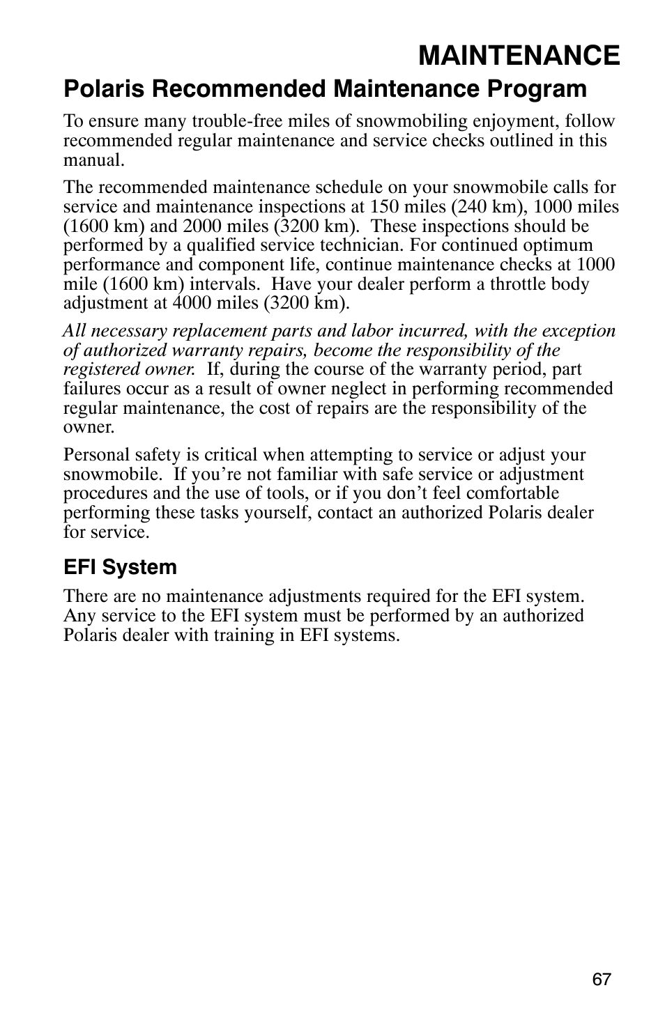 Maintenance, Polaris recommended maintenance program | Polaris Frontier User Manual | Page 69 / 130