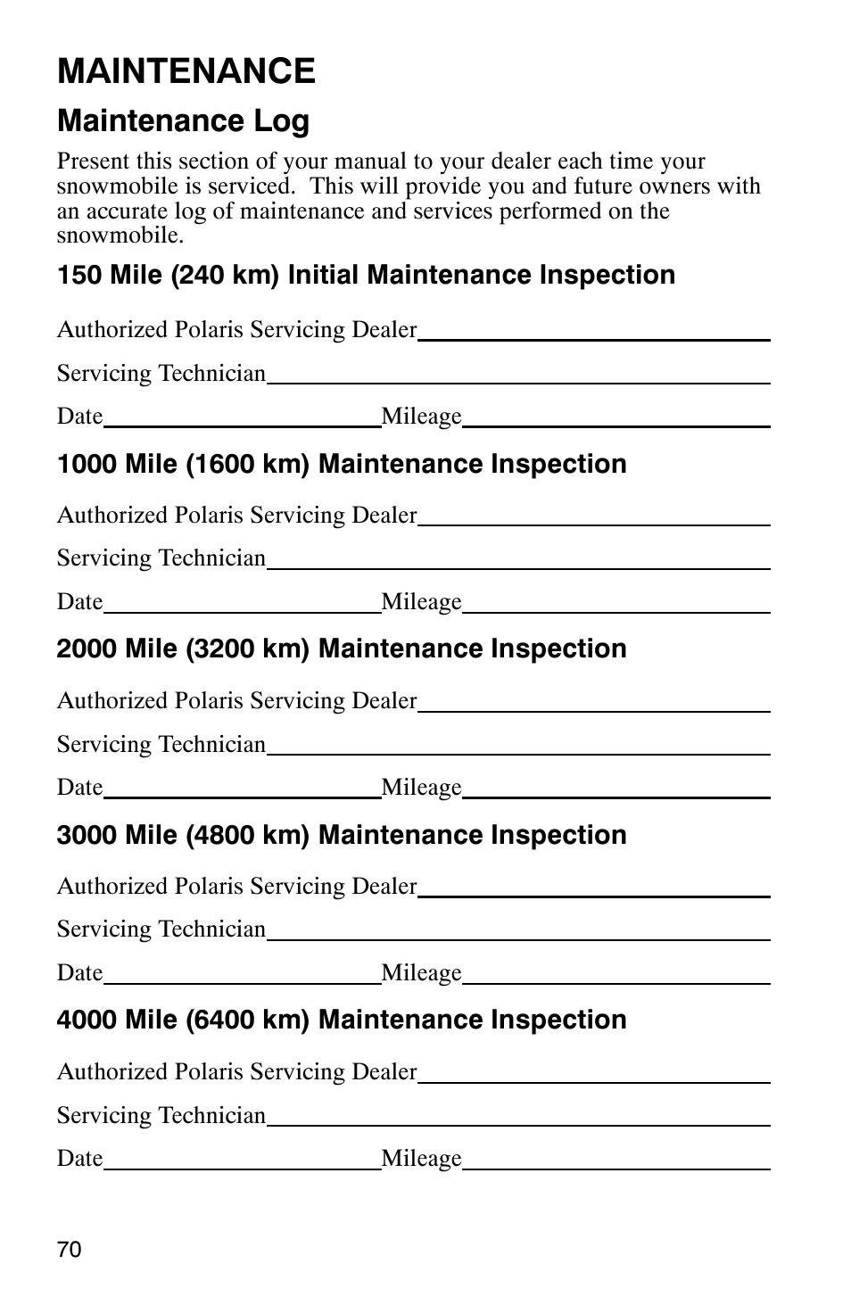 Maintenance, Maintenance log | Polaris Frontier User Manual | Page 72 / 130