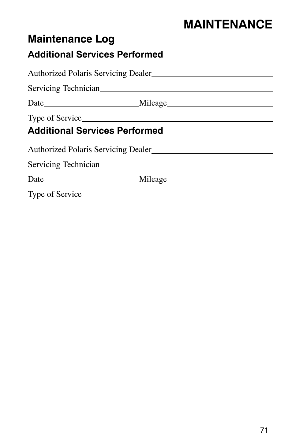 Maintenance, Maintenance log | Polaris Frontier User Manual | Page 73 / 130