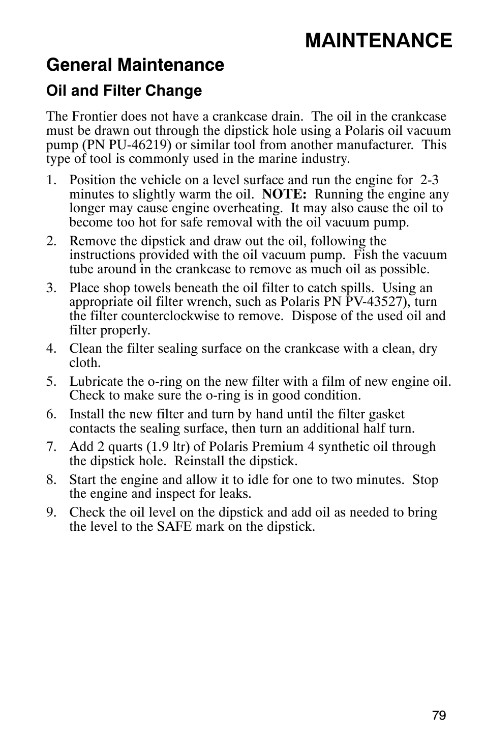 Maintenance, General maintenance | Polaris Frontier User Manual | Page 81 / 130