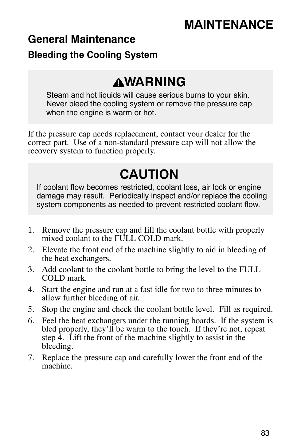 Warning, Caution, Maintenance | General maintenance | Polaris Frontier User Manual | Page 85 / 130