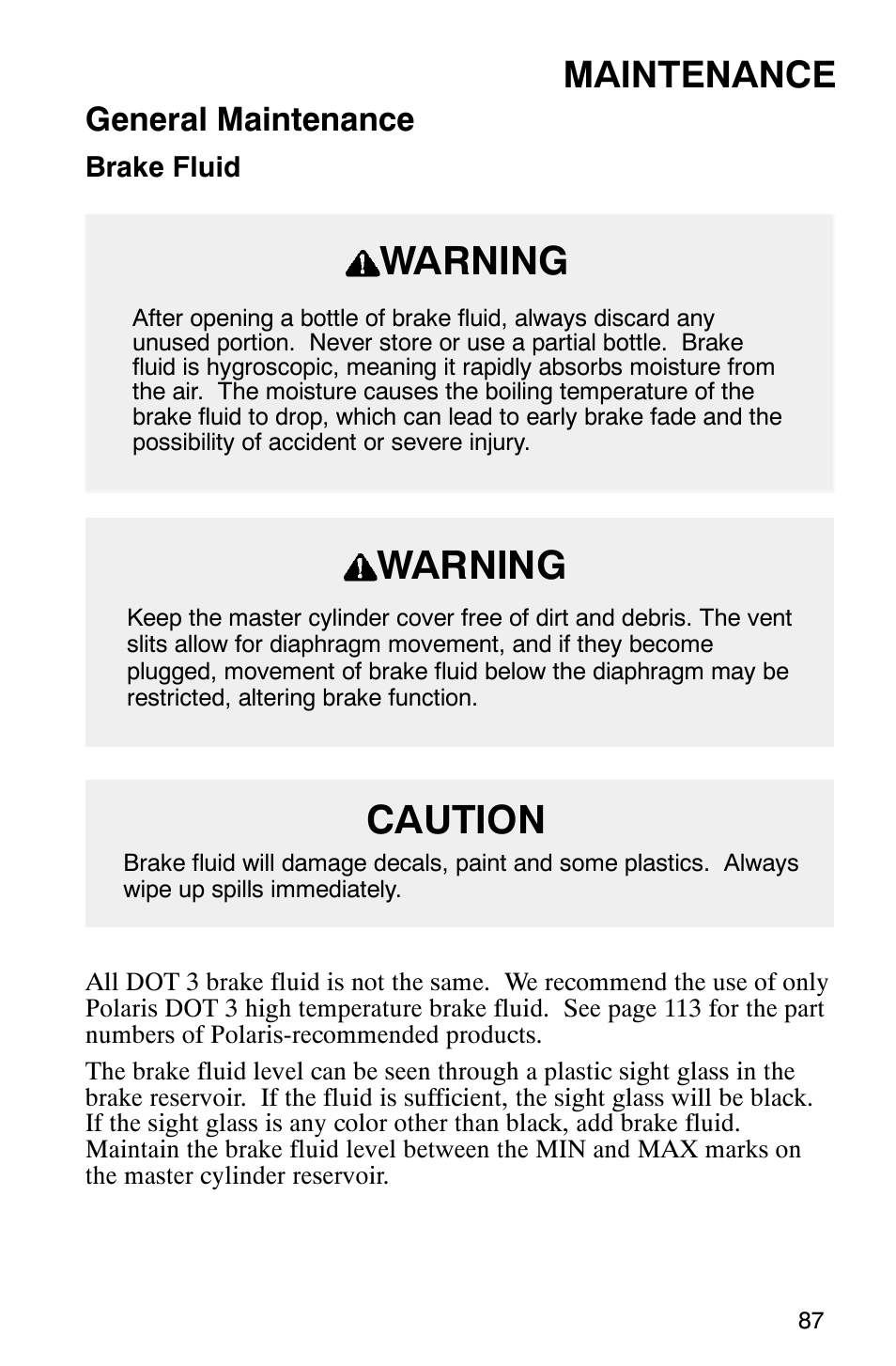 Warning, Caution, Maintenance | General maintenance | Polaris Frontier User Manual | Page 89 / 130