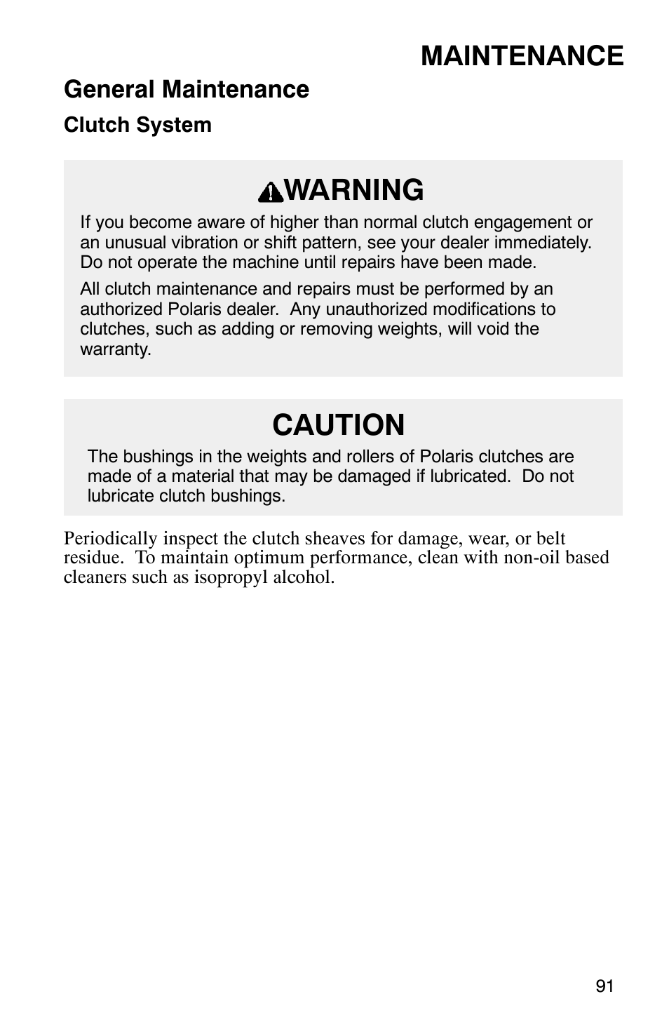 Warning, Caution, Maintenance | General maintenance | Polaris Frontier User Manual | Page 93 / 130
