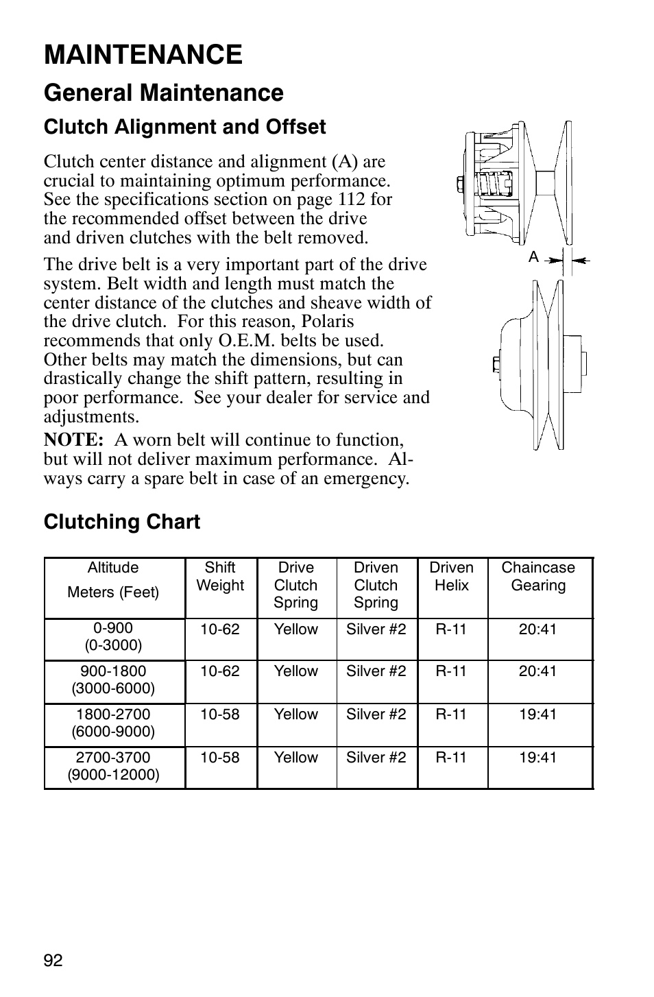 Maintenance, General maintenance, Clutch alignment and offset | Clutching chart | Polaris Frontier User Manual | Page 94 / 130