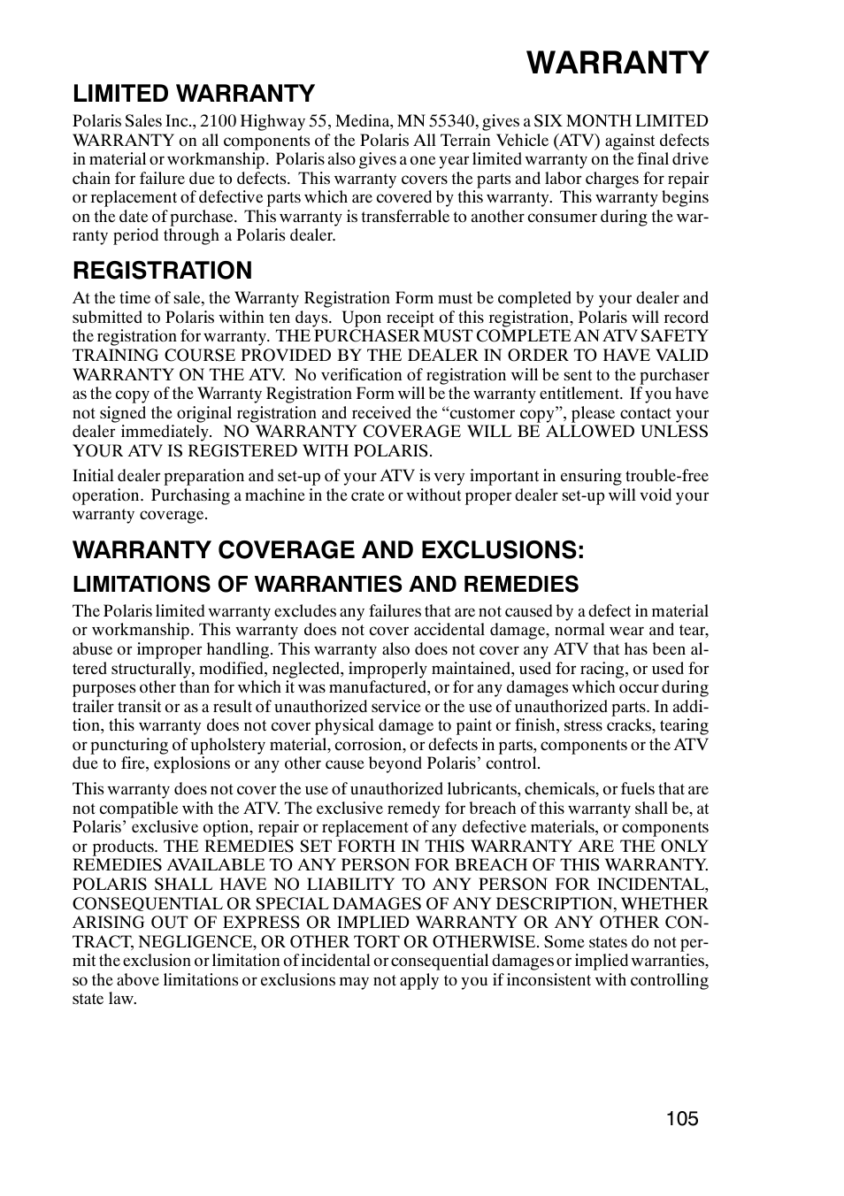 Warranty, Limited warranty, Registration | Warranty coverage and exclusions, Limitations of warranties and remedies | Polaris Trail Boss 330 User Manual | Page 108 / 116