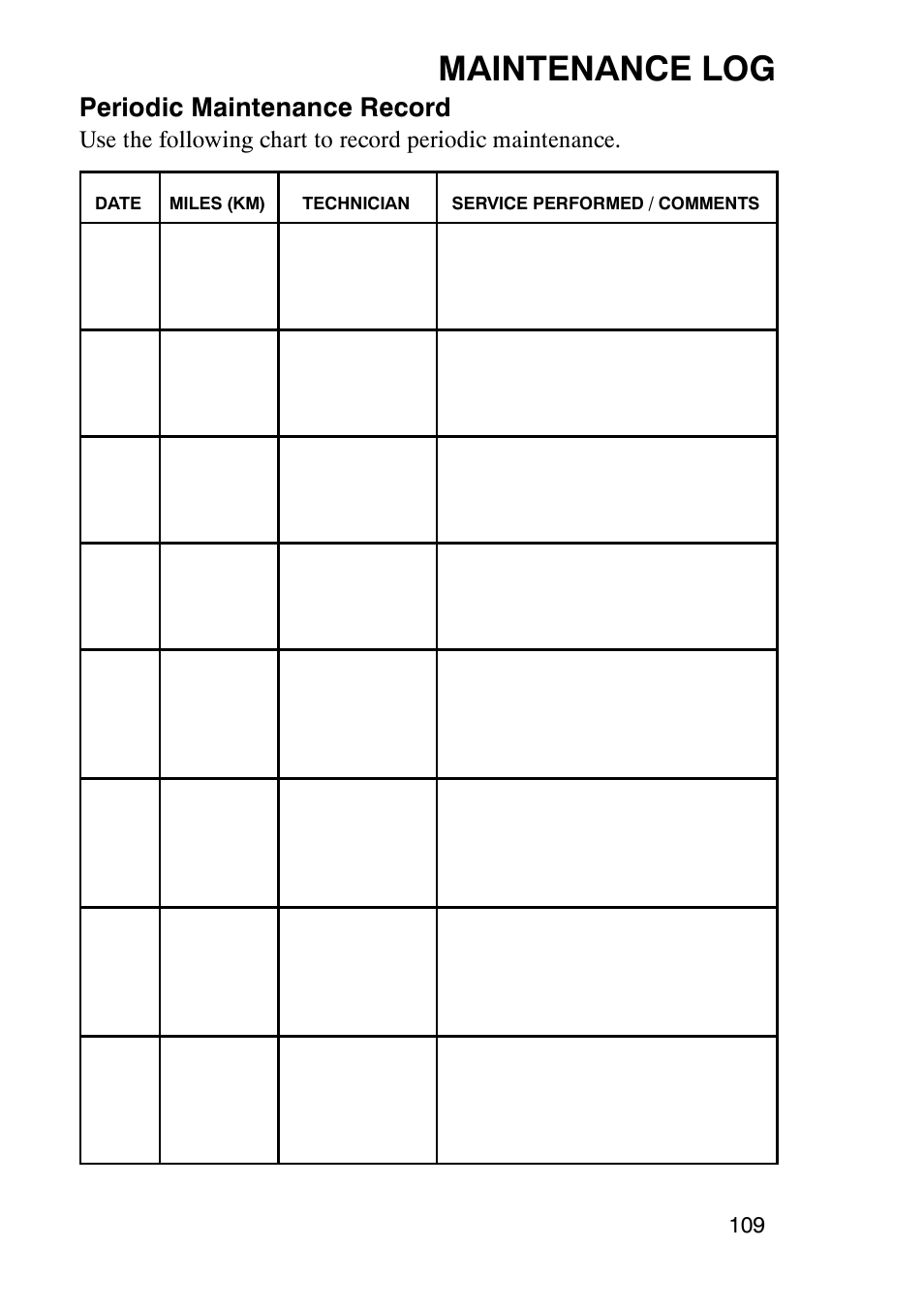 Maintenance log, Periodic maintenance record | Polaris Trail Boss 330 User Manual | Page 112 / 116