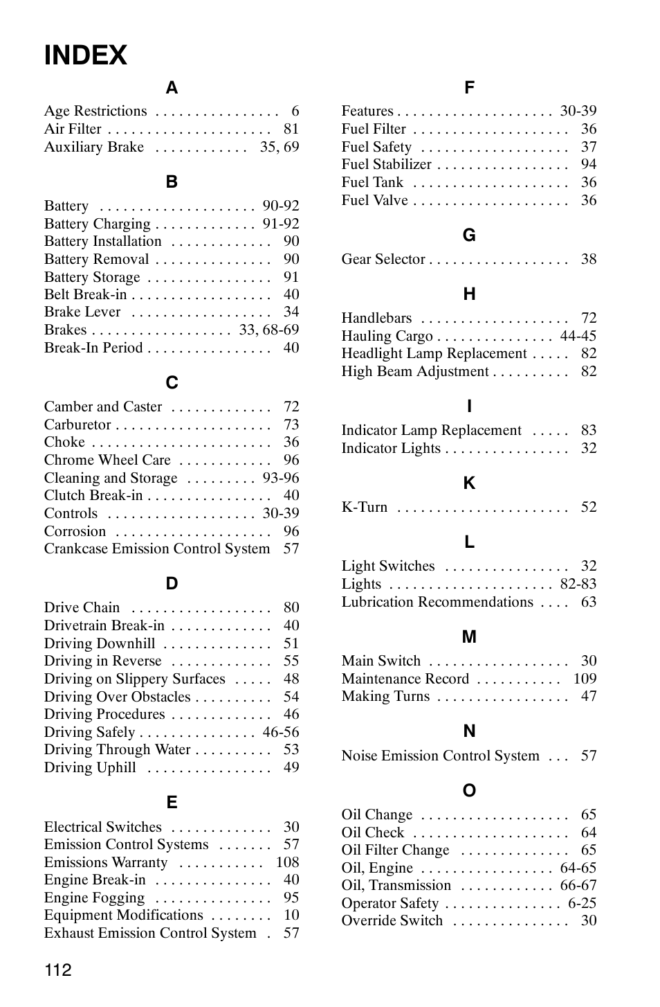 Index | Polaris Trail Boss 330 User Manual | Page 115 / 116