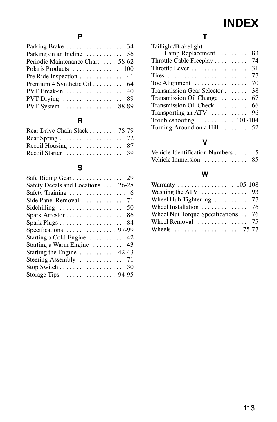 Index | Polaris Trail Boss 330 User Manual | Page 116 / 116