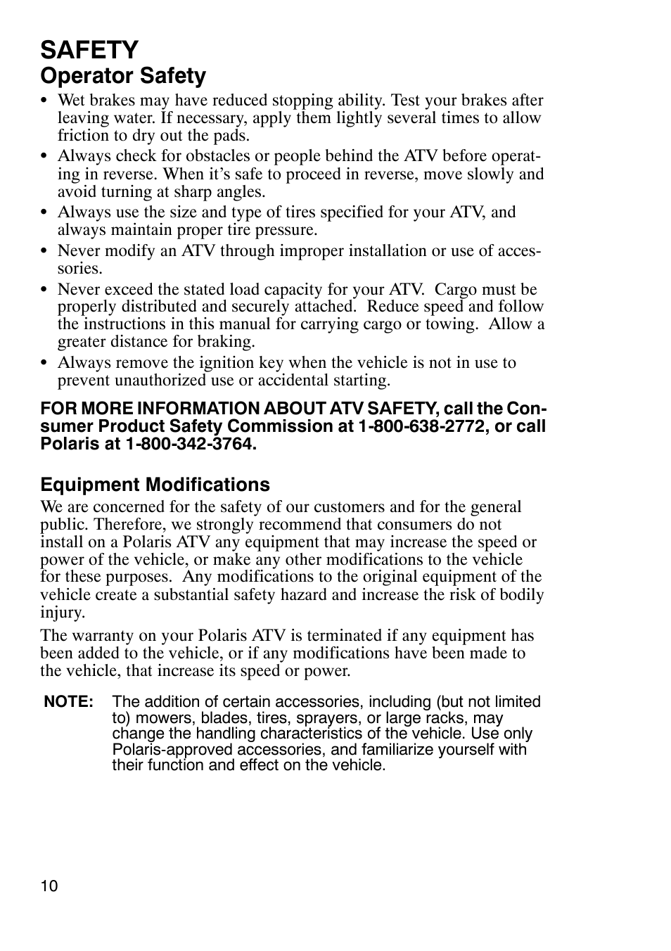 Safety, Operator safety | Polaris Trail Boss 330 User Manual | Page 13 / 116