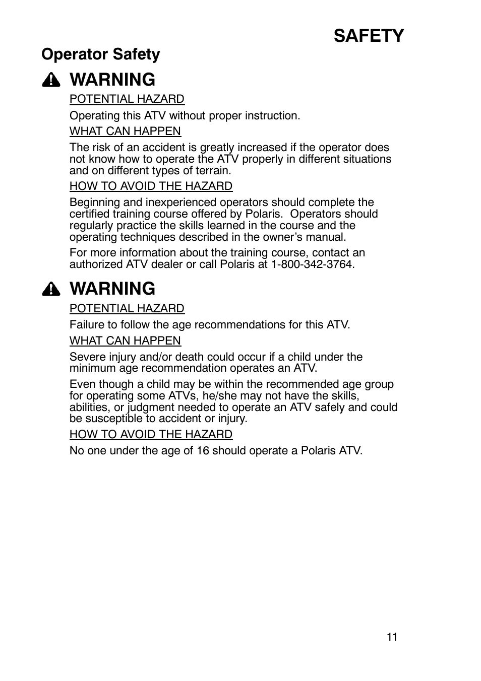 Safety, Warning, Operator safety | Polaris Trail Boss 330 User Manual | Page 14 / 116