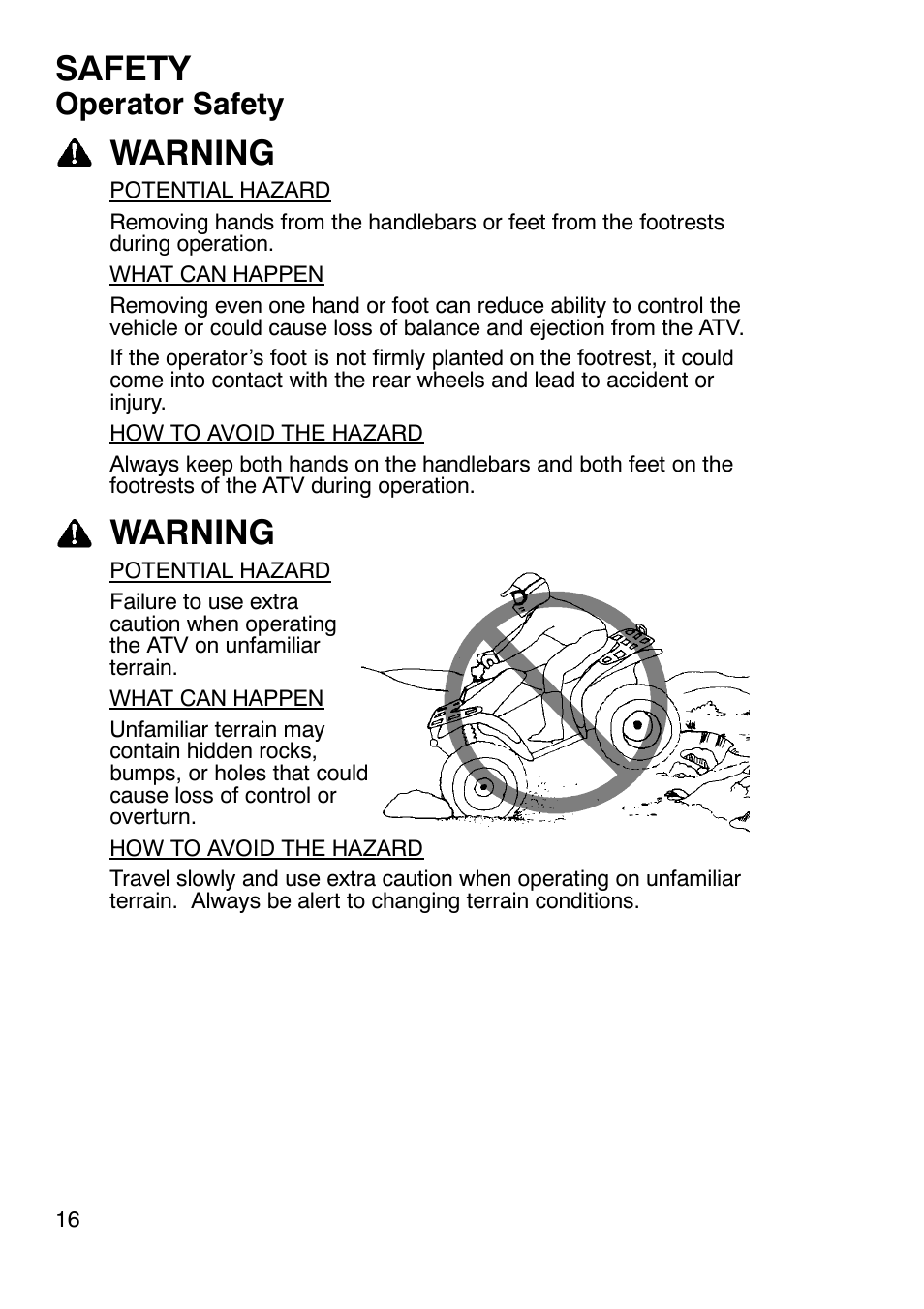 Safety, Warning, Operator safety | Polaris Trail Boss 330 User Manual | Page 19 / 116