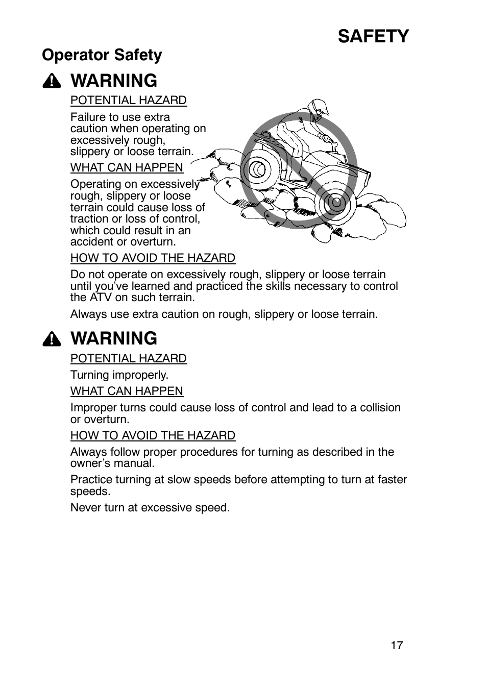 Safety, Warning, Operator safety | Polaris Trail Boss 330 User Manual | Page 20 / 116