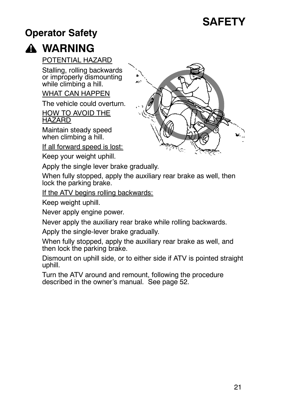 Safety, Warning, Operator safety | Polaris Trail Boss 330 User Manual | Page 24 / 116