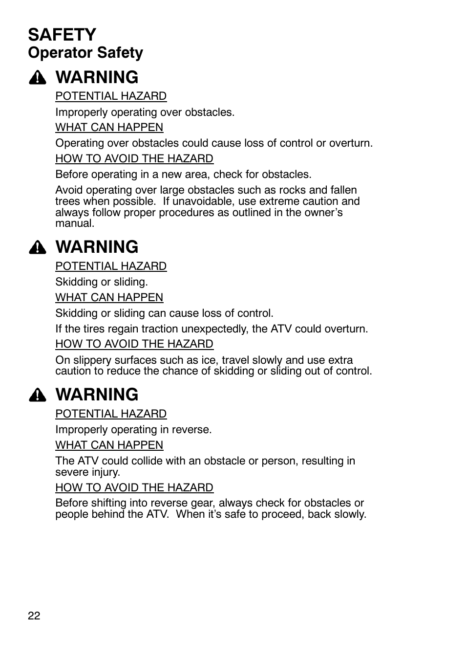 Safety, Warning, Operator safety | Polaris Trail Boss 330 User Manual | Page 25 / 116