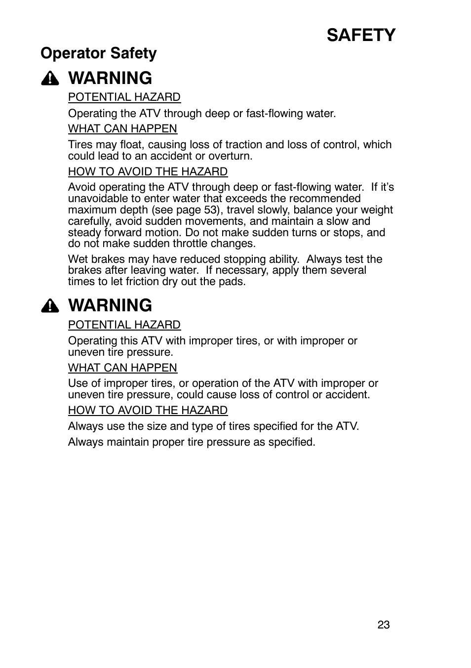 Safety, Warning, Operator safety | Polaris Trail Boss 330 User Manual | Page 26 / 116