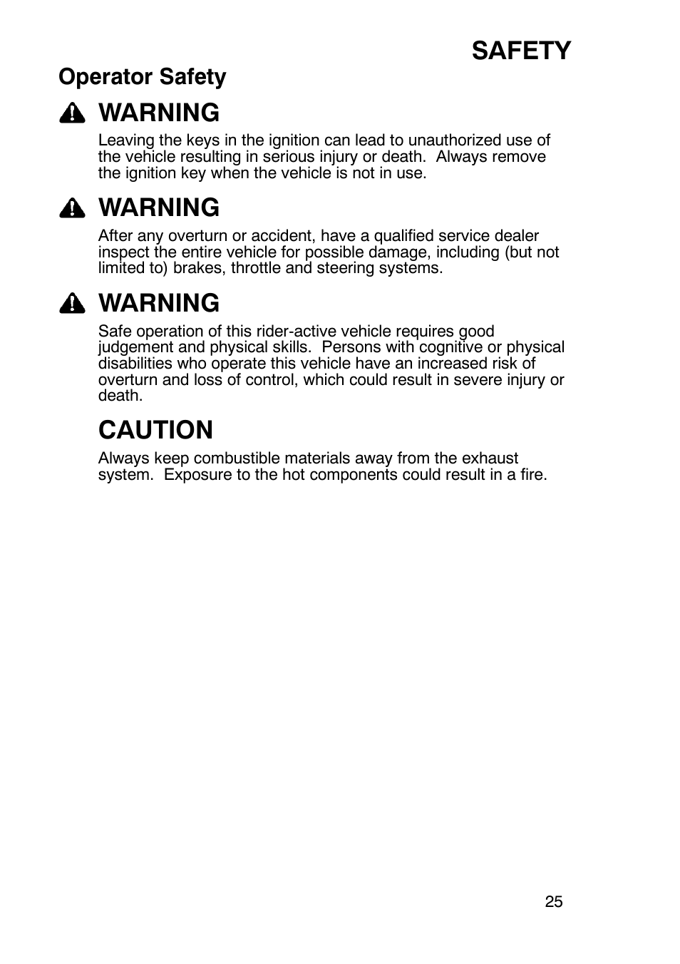 Safety, Warning, Caution | Operator safety | Polaris Trail Boss 330 User Manual | Page 28 / 116