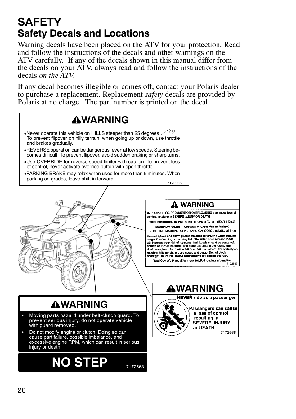 No step, Safety, Safety decals and locations | Warning | Polaris Trail Boss 330 User Manual | Page 29 / 116