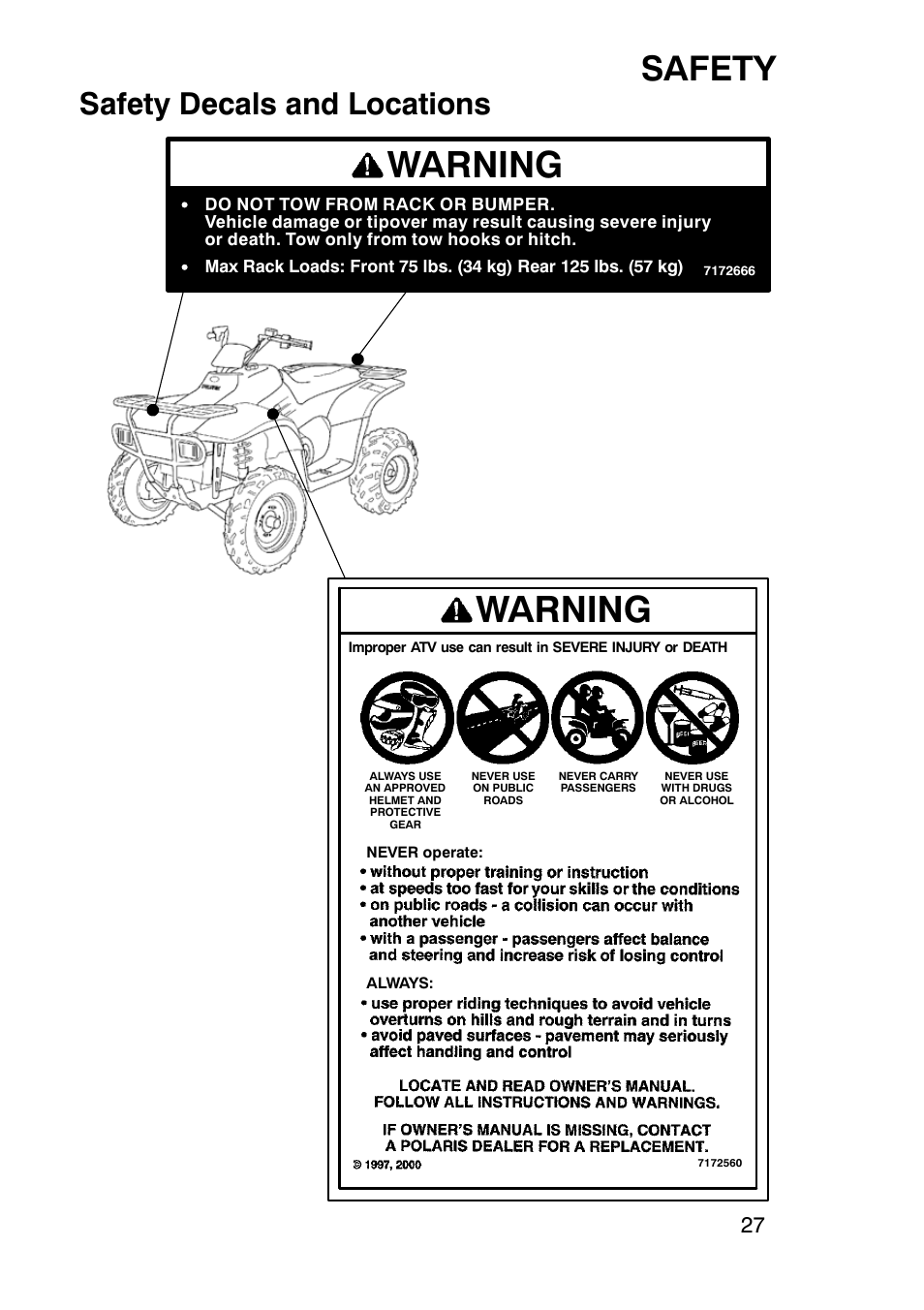 Warning, Safety, Safety decals and locations | Polaris Trail Boss 330 User Manual | Page 30 / 116