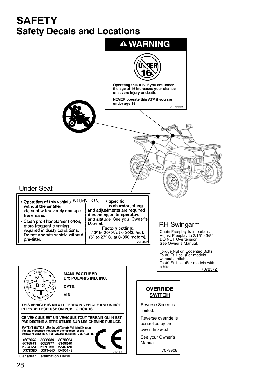 Safety, Safety decals and locations, Warning | Under seat rh swingarm | Polaris Trail Boss 330 User Manual | Page 31 / 116