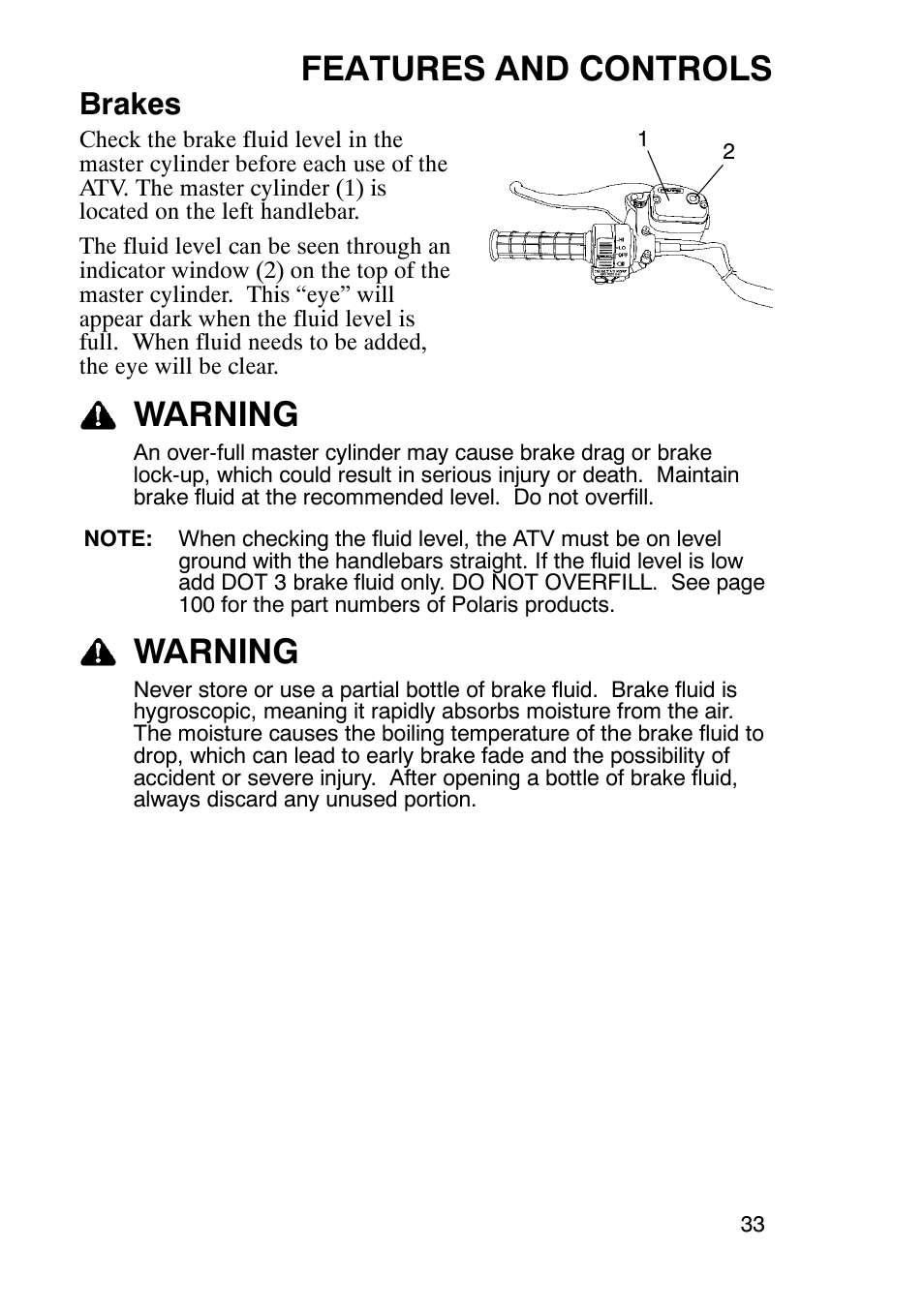 Features and controls, Warning, Brakes | Polaris Trail Boss 330 User Manual | Page 36 / 116