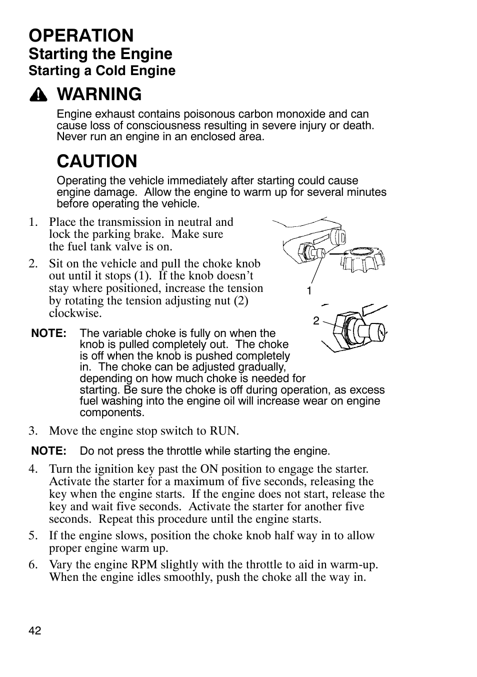 Operation, Warning, Caution | Starting the engine | Polaris Trail Boss 330 User Manual | Page 45 / 116