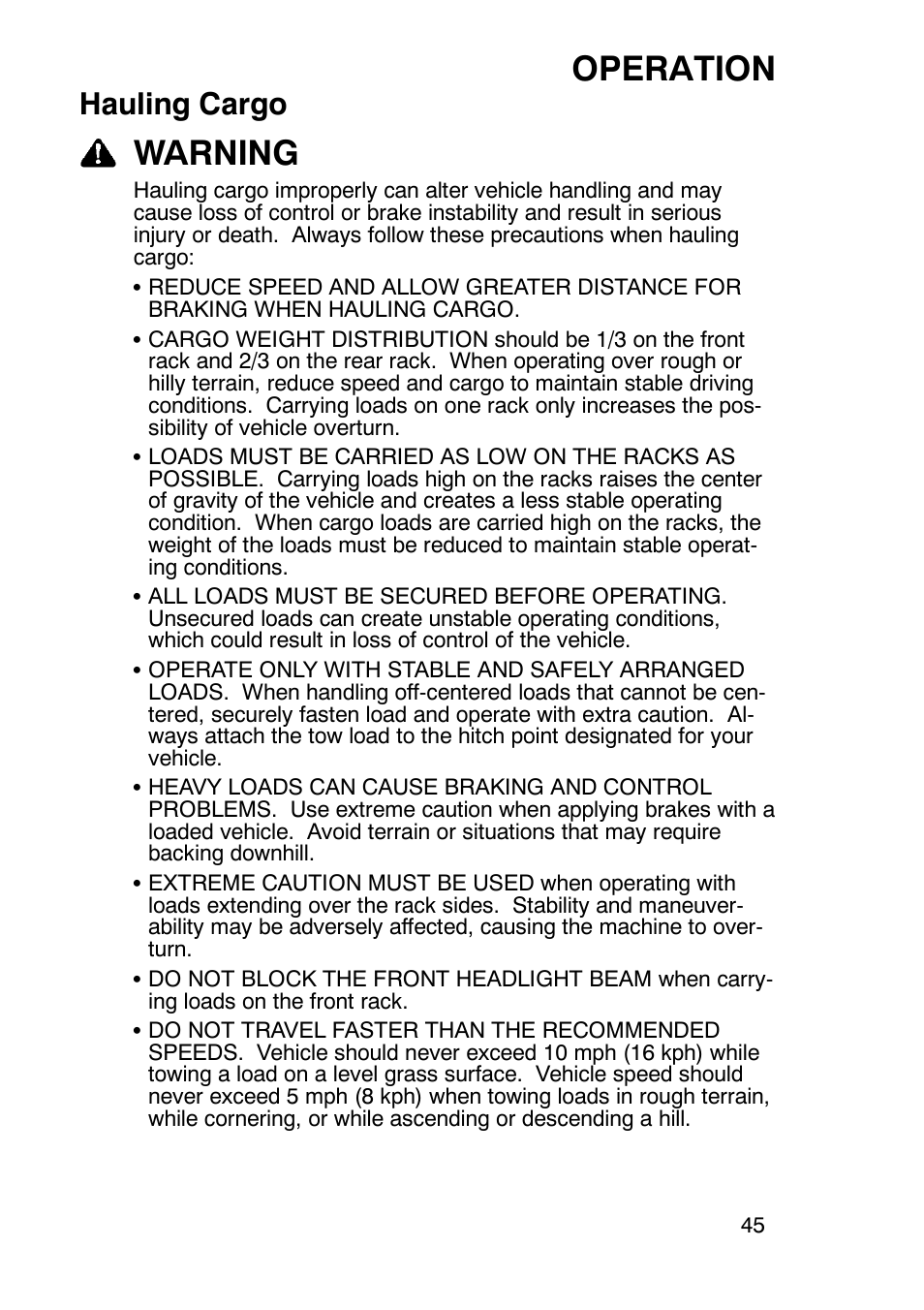 Operation, Warning, Hauling cargo | Polaris Trail Boss 330 User Manual | Page 48 / 116