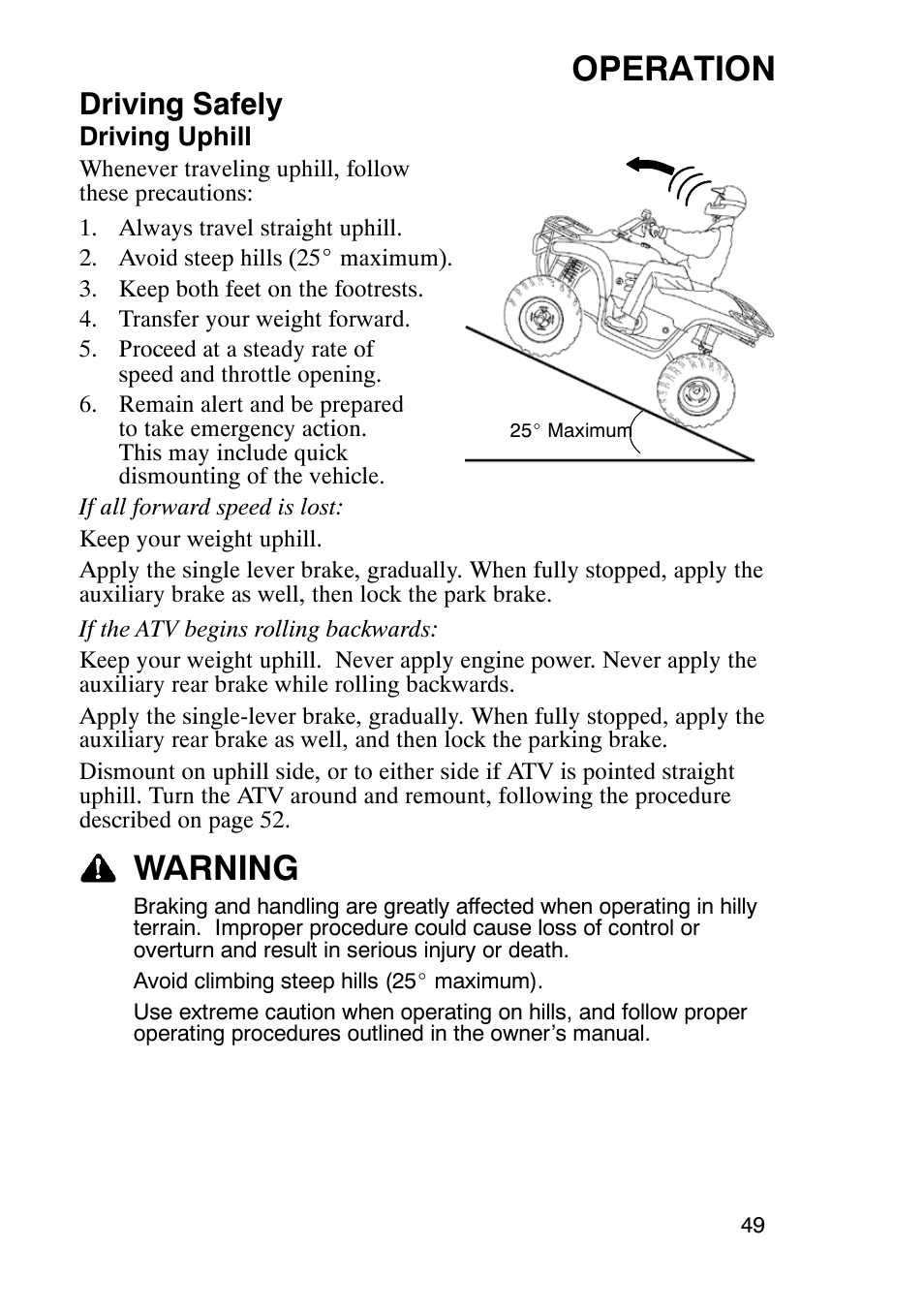 Operation, Warning, Driving safely | Polaris Trail Boss 330 User Manual | Page 52 / 116