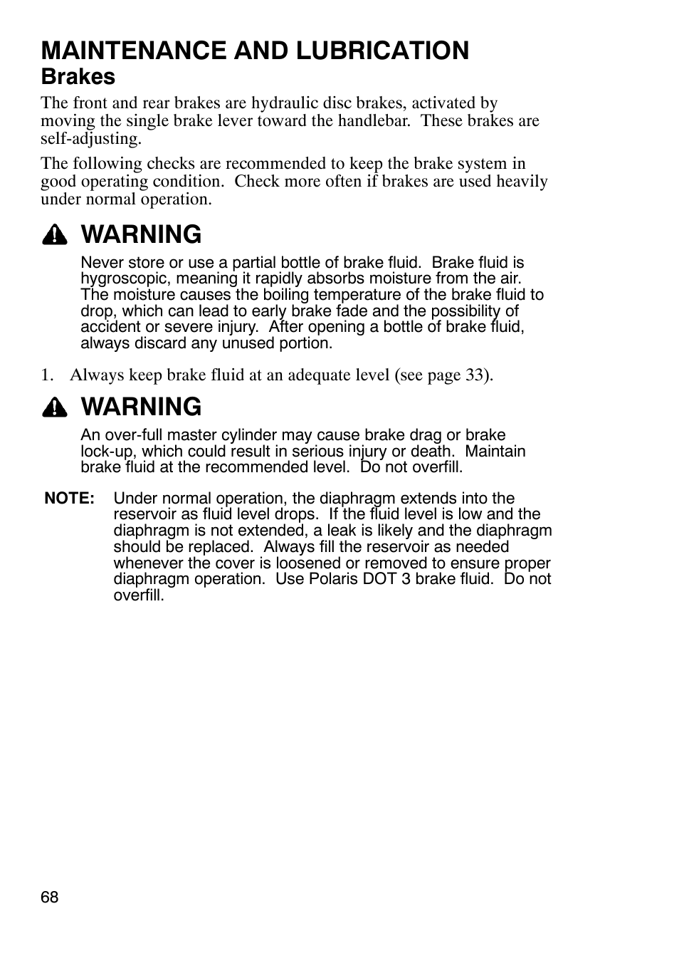 Maintenance and lubrication, Warning, Brakes | Polaris Trail Boss 330 User Manual | Page 71 / 116