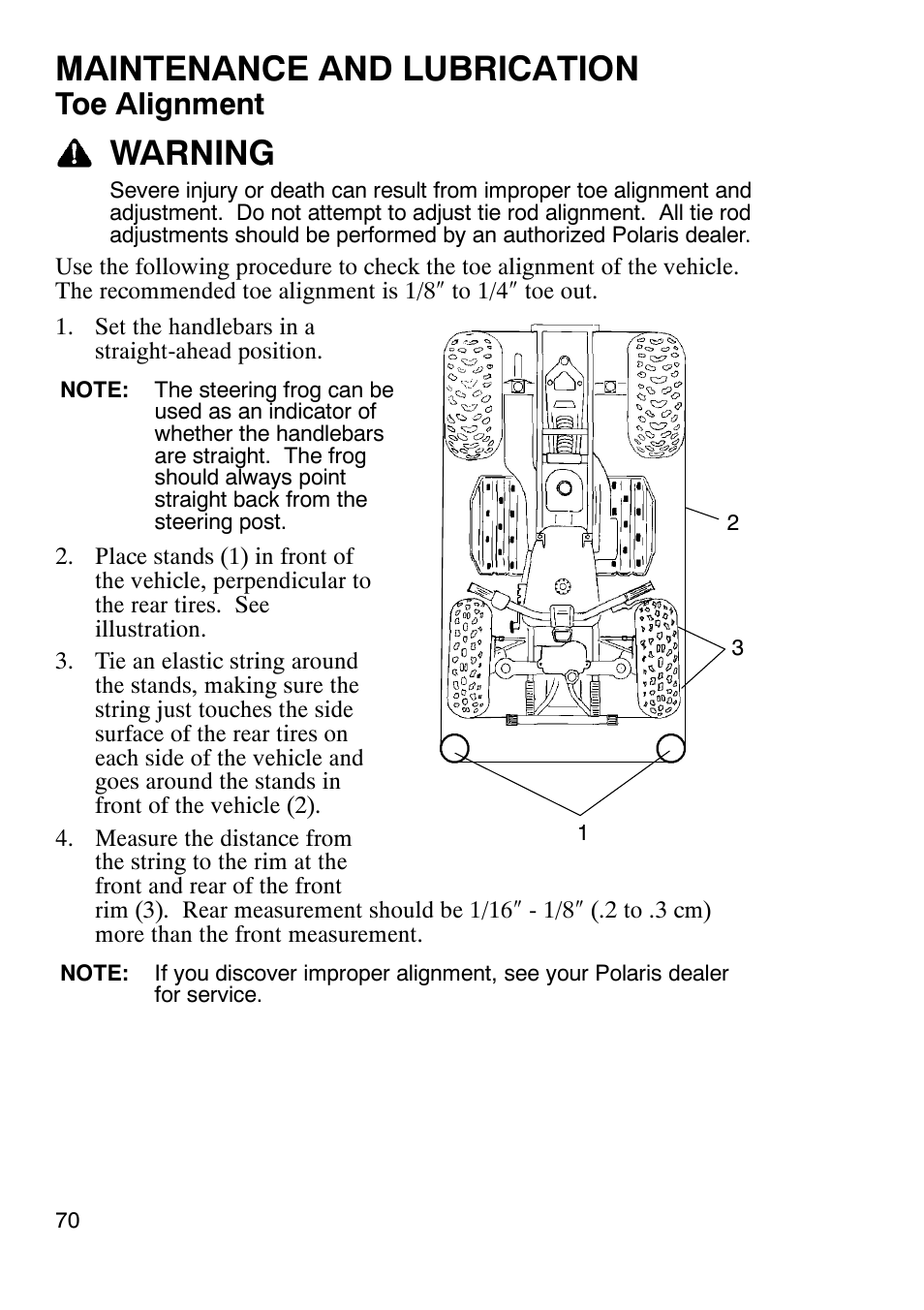 Maintenance and lubrication, Warning, Toe alignment | Polaris Trail Boss 330 User Manual | Page 73 / 116