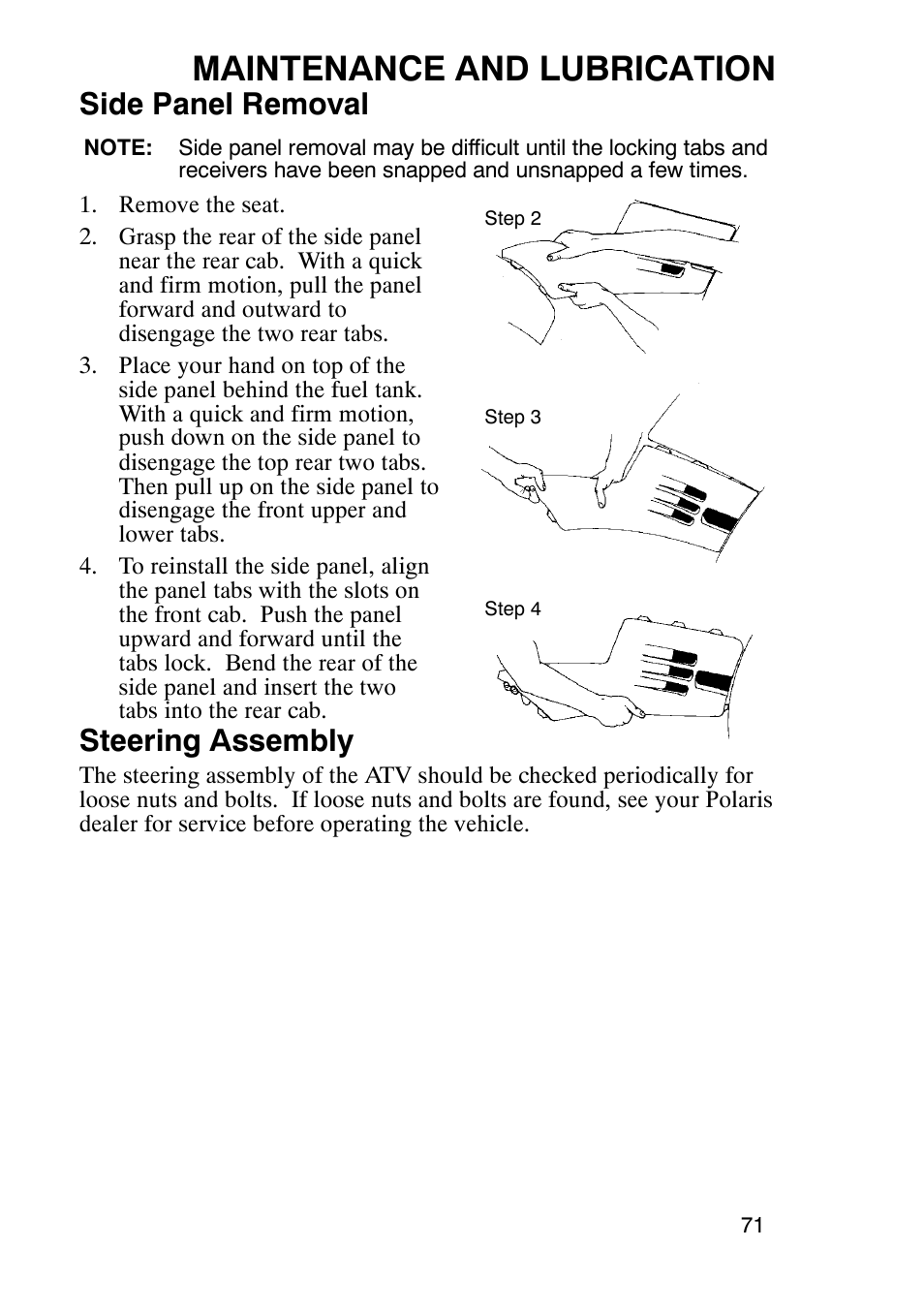 Maintenance and lubrication, Side panel removal, Steering assembly | Polaris Trail Boss 330 User Manual | Page 74 / 116