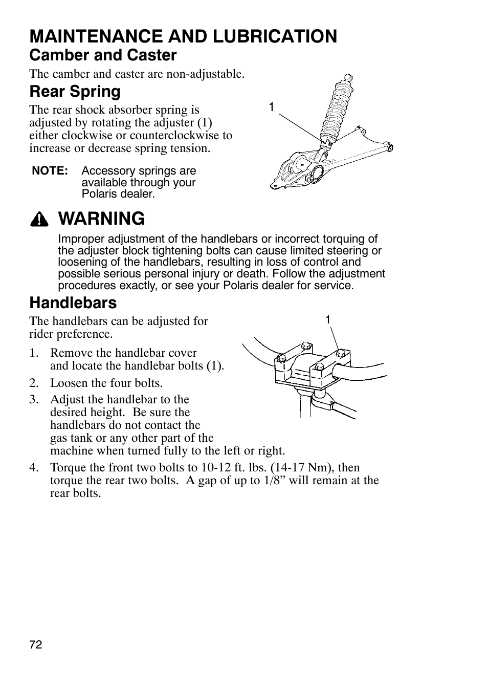 Maintenance and lubrication, Warning, Camber and caster | Rear spring, Handlebars | Polaris Trail Boss 330 User Manual | Page 75 / 116