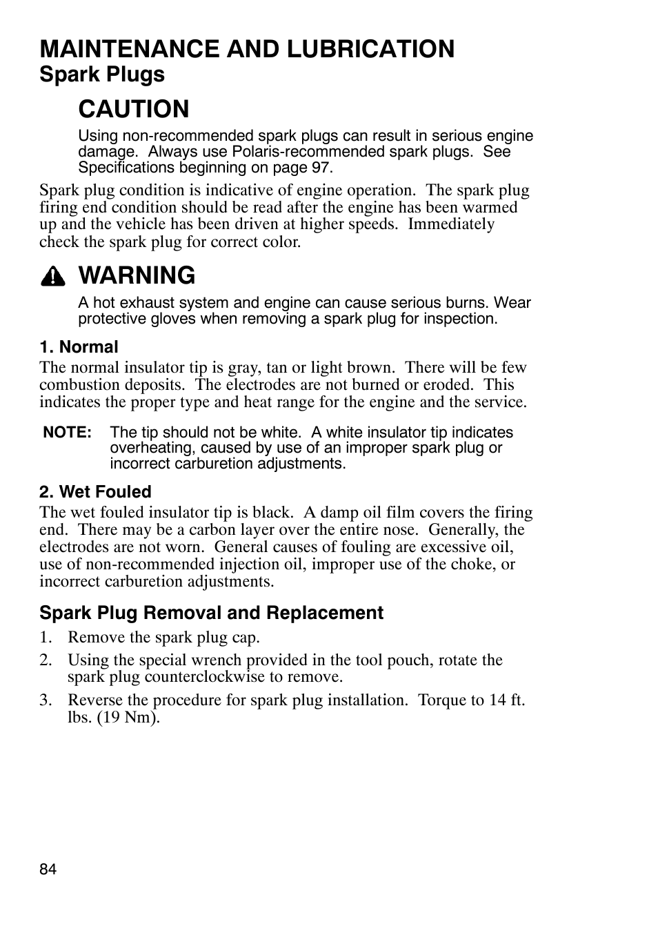 Maintenance and lubrication, Caution, Warning | Spark plugs | Polaris Trail Boss 330 User Manual | Page 87 / 116