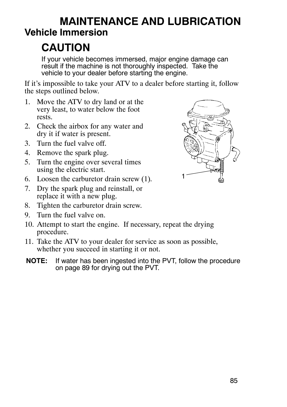 Maintenance and lubrication, Caution, Vehicle immersion | Polaris Trail Boss 330 User Manual | Page 88 / 116