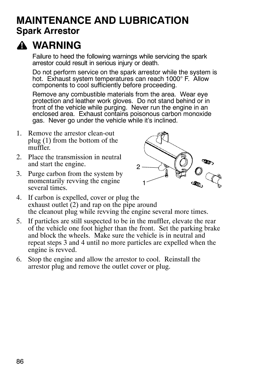 Maintenance and lubrication, Warning, Spark arrestor | Polaris Trail Boss 330 User Manual | Page 89 / 116