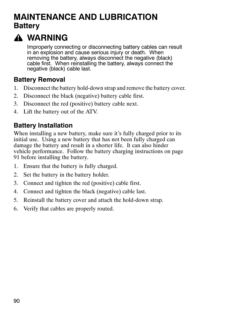 Maintenance and lubrication, Warning, Battery | Polaris Trail Boss 330 User Manual | Page 93 / 116