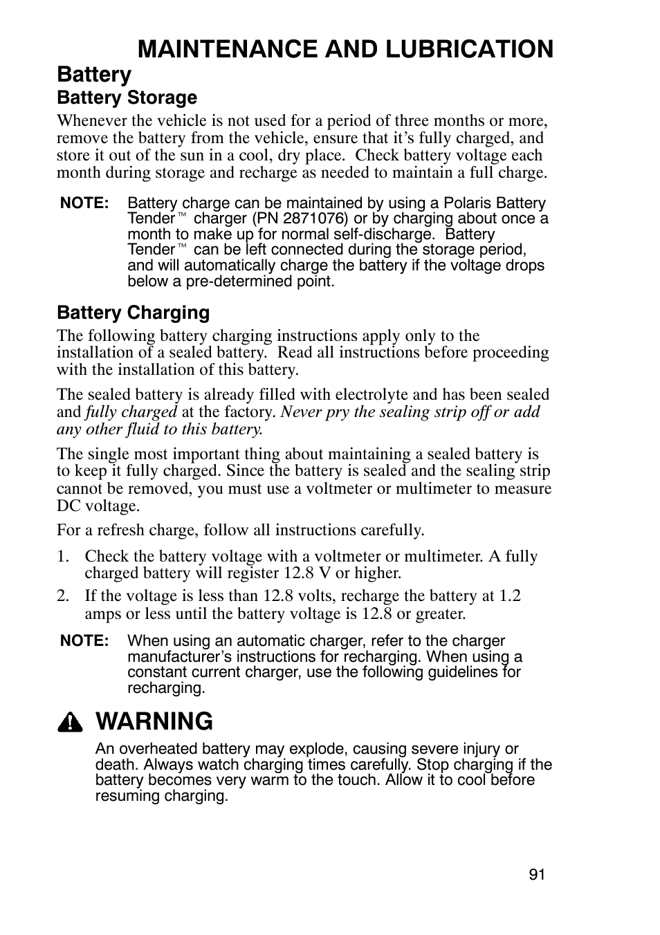 Maintenance and lubrication, Warning, Battery | Polaris Trail Boss 330 User Manual | Page 94 / 116