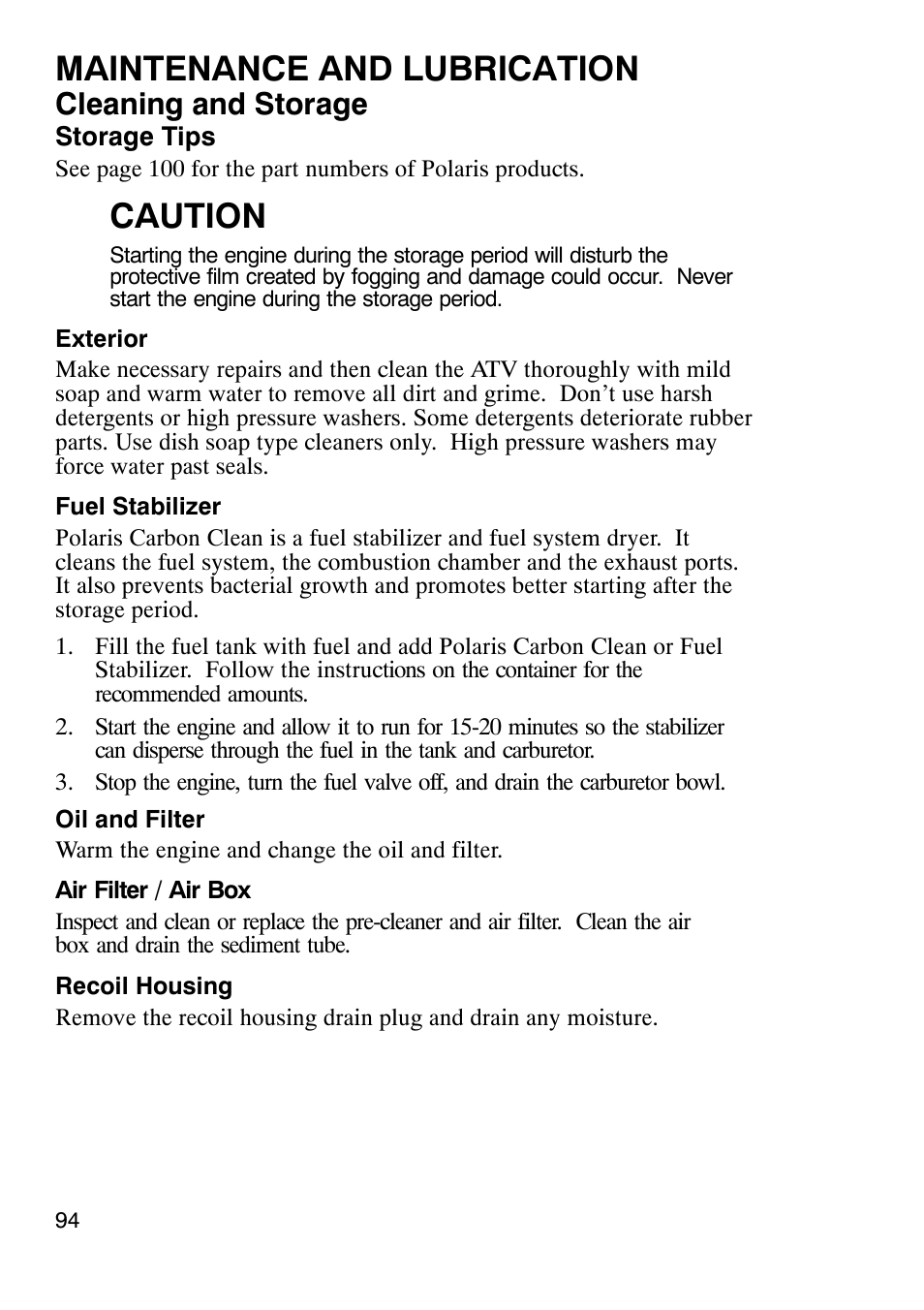 Maintenance and lubrication, Caution, Cleaning and storage | Polaris Trail Boss 330 User Manual | Page 97 / 116