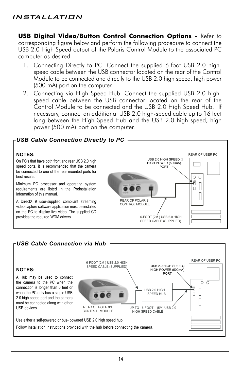 Installation, Usb cable connection directly to pc, Usb cable connection via hub | Polaris D7500 User Manual | Page 14 / 28