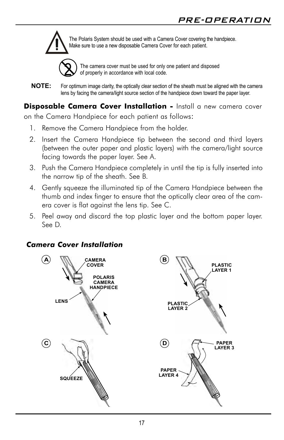Pre-operation, Camera cover installation | Polaris D7500 User Manual | Page 17 / 28