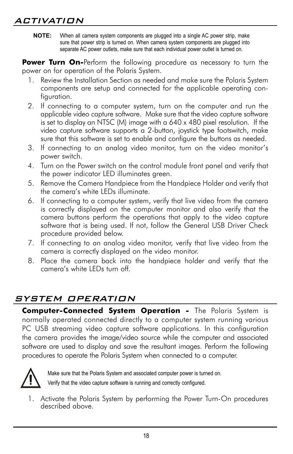 Activation, System operation | Polaris D7500 User Manual | Page 18 / 28
