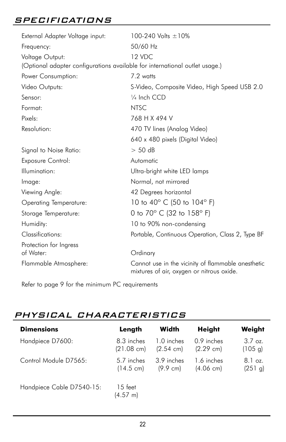 Specifications, Physical characteristics | Polaris D7500 User Manual | Page 22 / 28