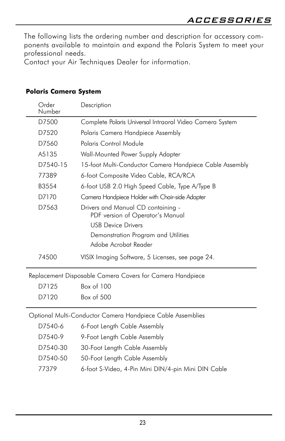 Accessories | Polaris D7500 User Manual | Page 23 / 28