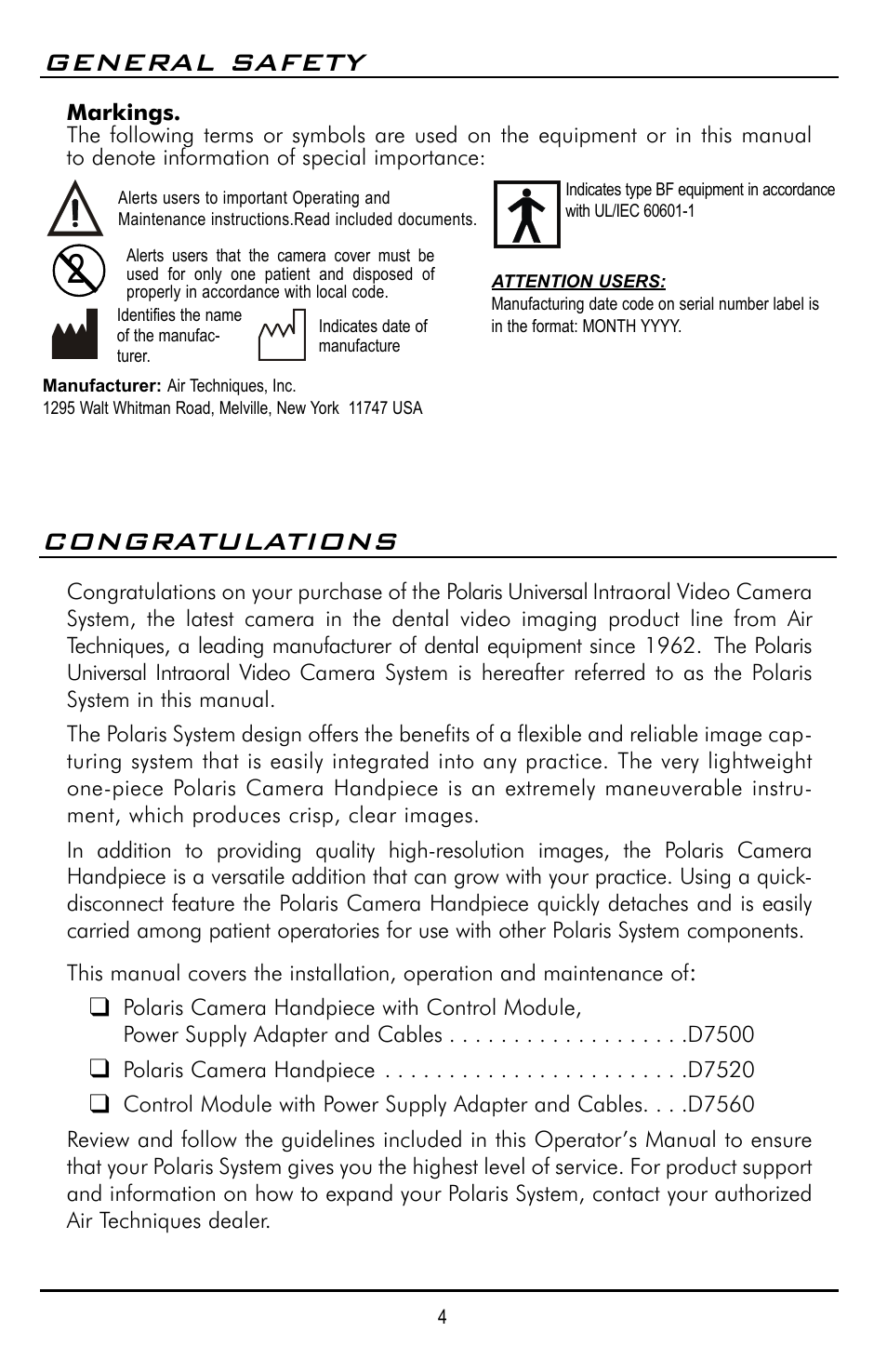 Congratulations, General safety | Polaris D7500 User Manual | Page 4 / 28